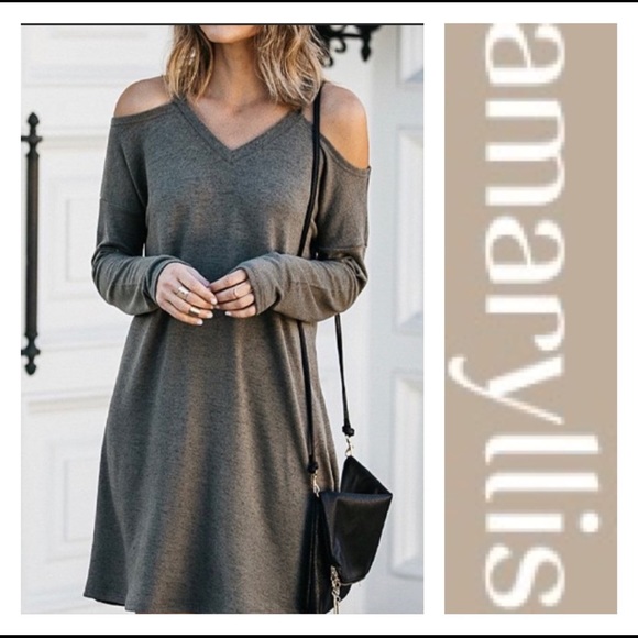Amaryllis Dresses & Skirts - 🔥OLIVE SHOULDER CUTOUT SWEATER DRESS